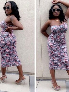 Strapless Printed Bodycon Midi Dress - Pink Multi NWOT